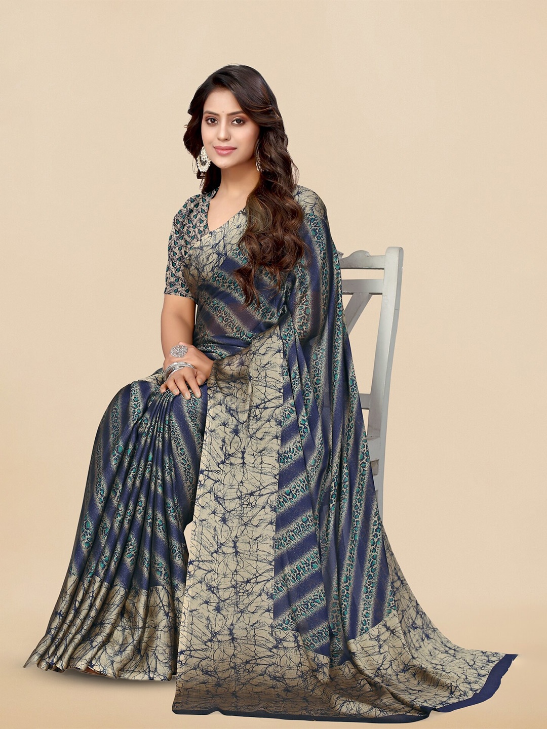 

KALINI Striped Poly Chiffon Saree, Navy blue