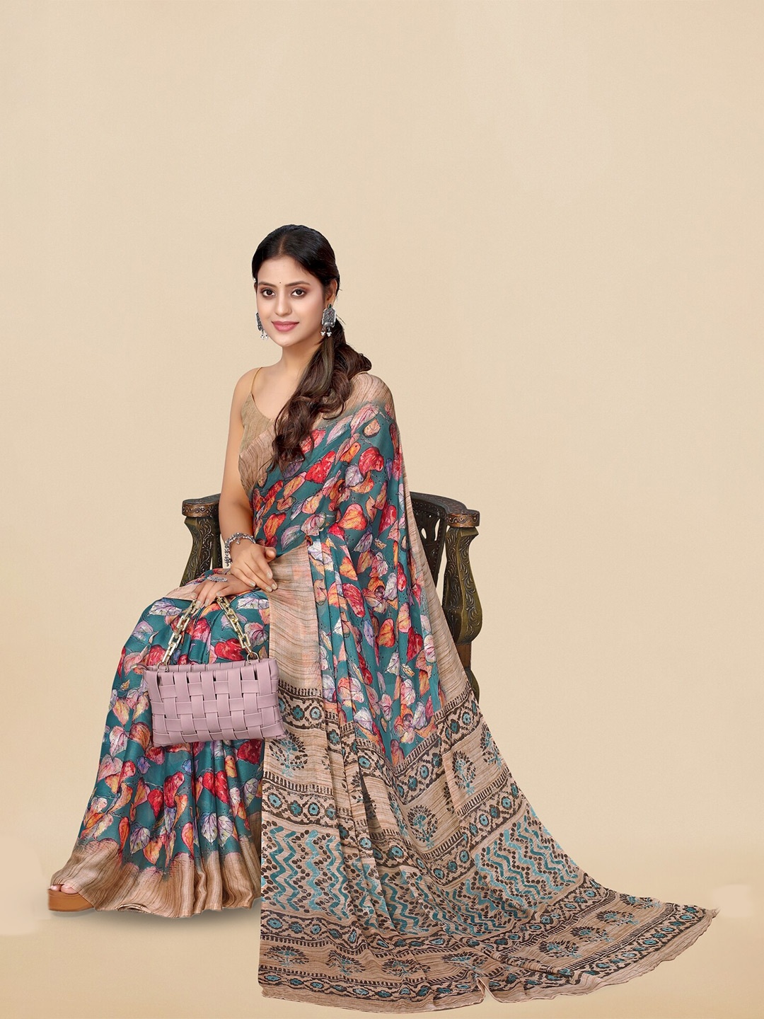 

KALINI Floral Printed Saree, Teal