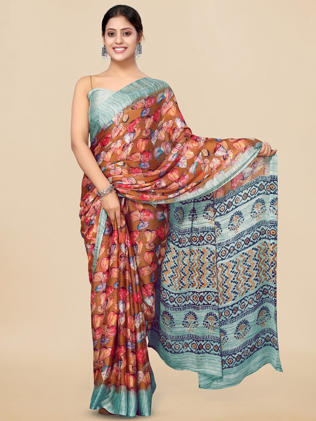 

KALINI Floral Printed Saree, Rust