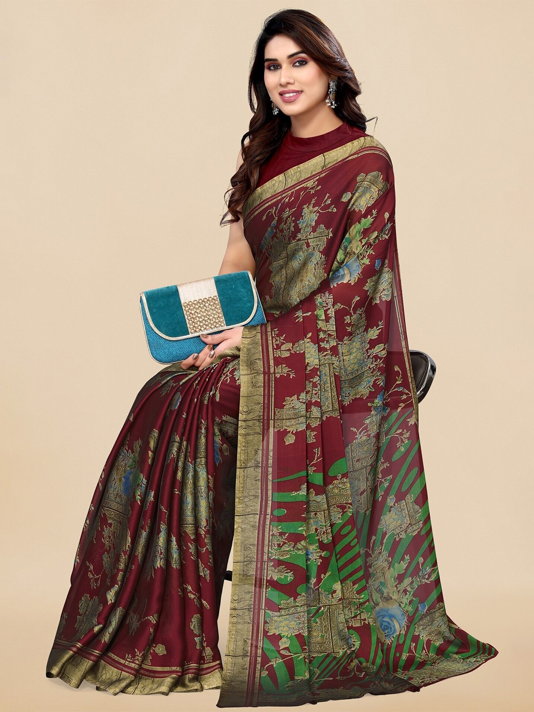 

KALINI Floral Printed Saree, Maroon