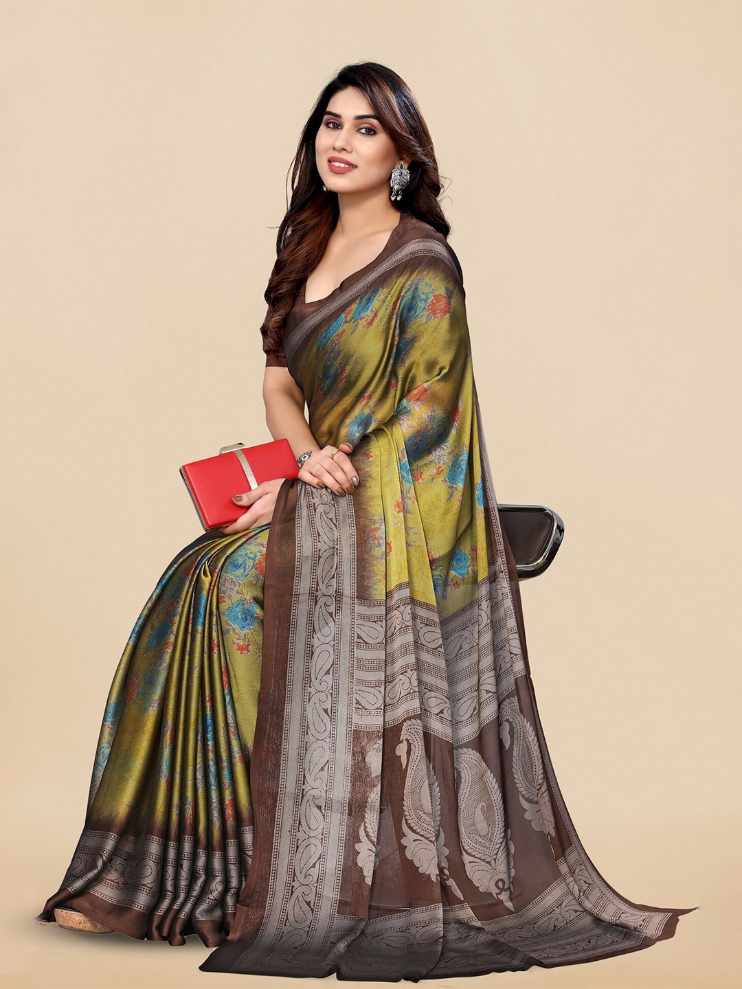 

KALINI Ethnic Motifs Printed Saree, Olive