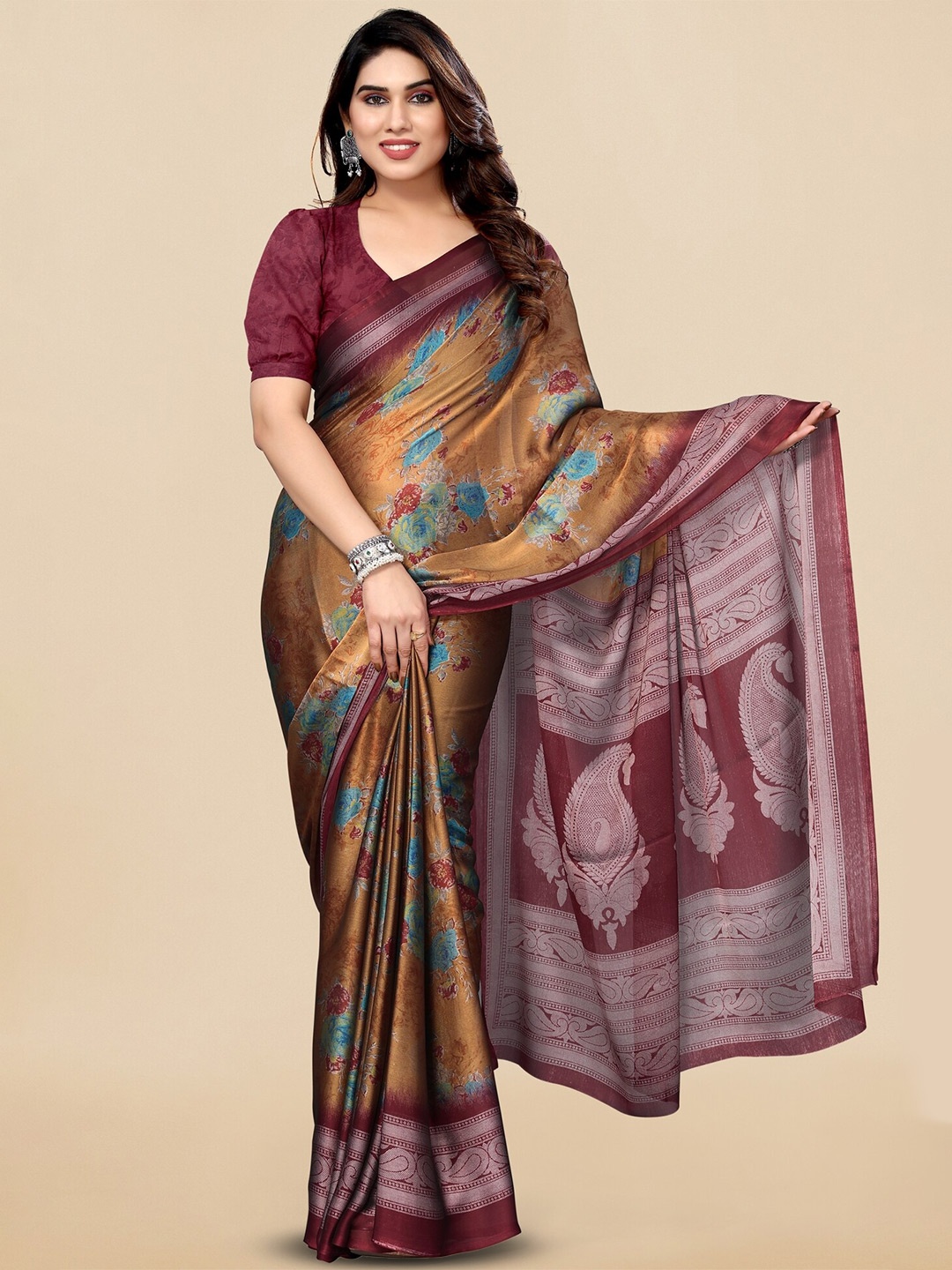 

KALINI Floral Printed Saree, Rust