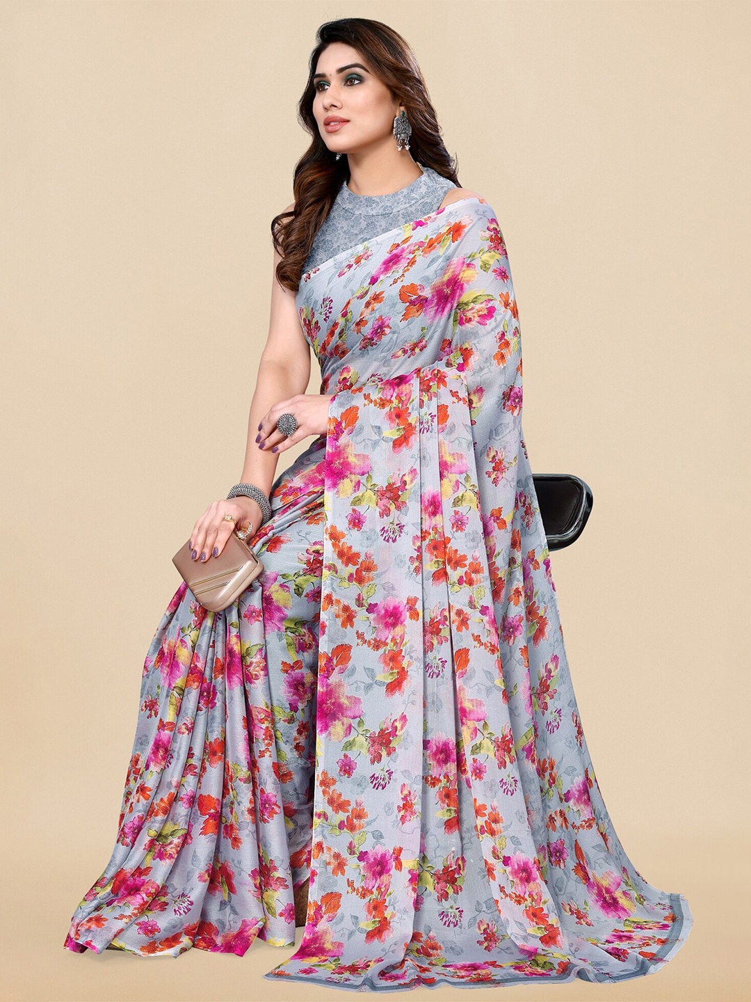 

KALINI Floral Printed Saree, Grey