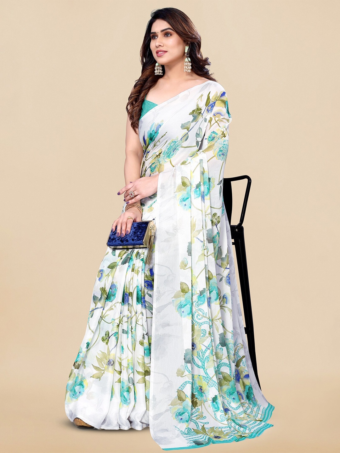 

KALINI Floral Printed Poly Chiffon Saree, White