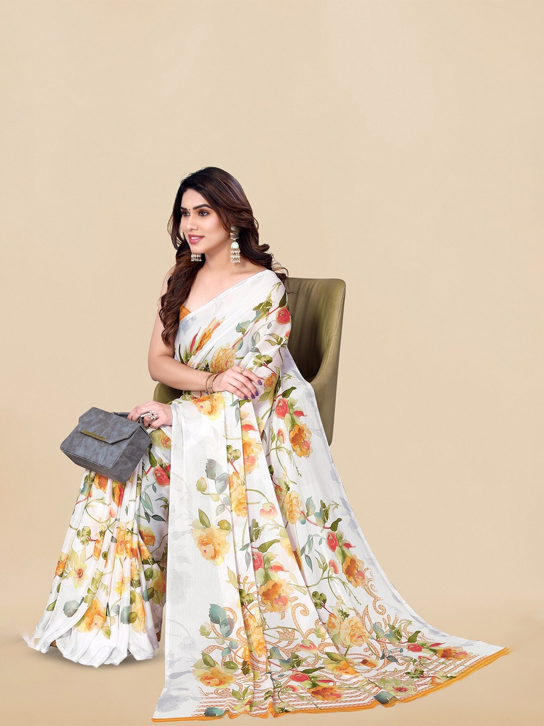 

KALINI Floral Printed Poly Chiffon Saree, White