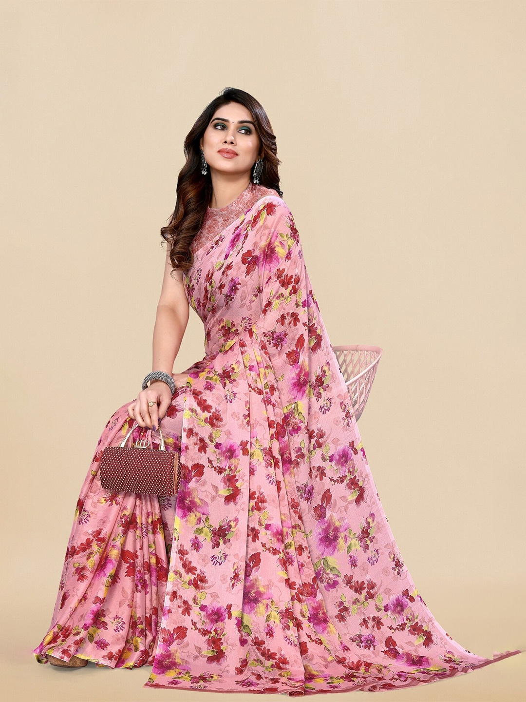 

KALINI Floral Printed Chiffon Saree, Pink
