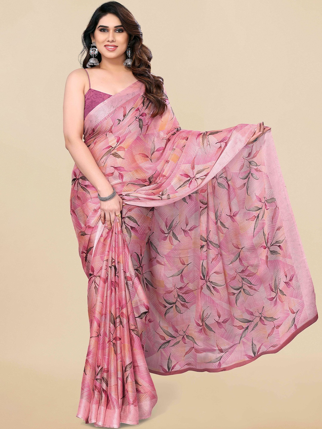 

KALINI Floral Printed Chiffon Saree, Peach