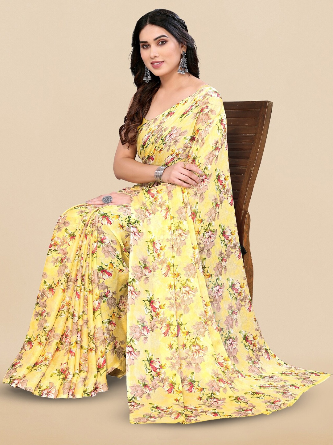 

KALINI Floral Printed Pure Chiffon Saree, Yellow