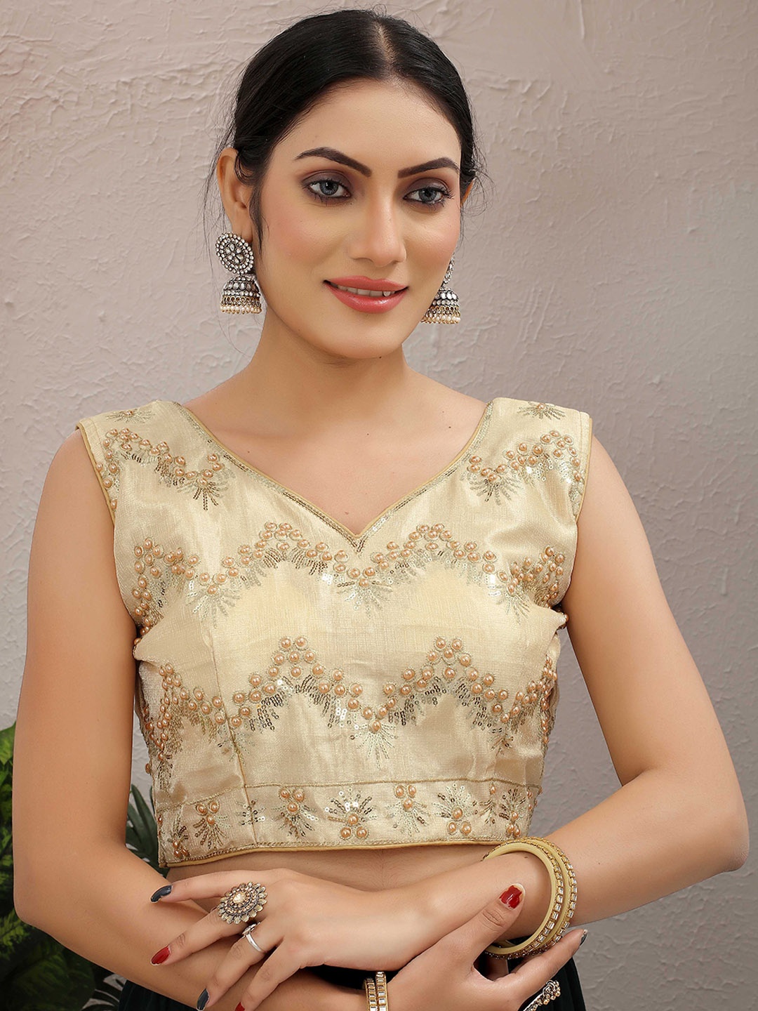 

SHREE SWANGIYAMATA COMPANY Embellished V-Neck Silk Saree Blouse, Beige
