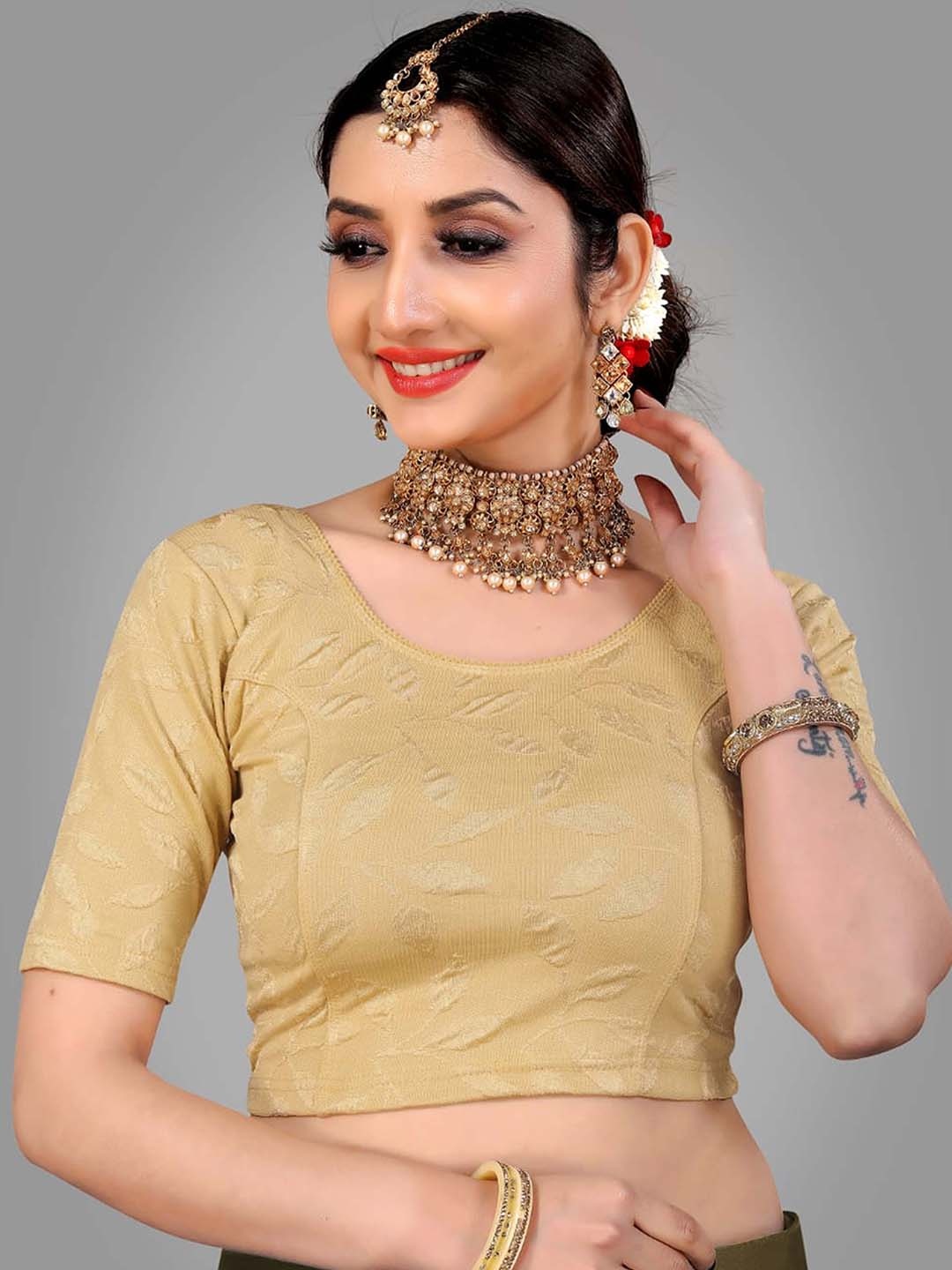 

SHREE SWANGIYAMATA COMPANY Woven Design Stretchable Saree Blouse, Beige
