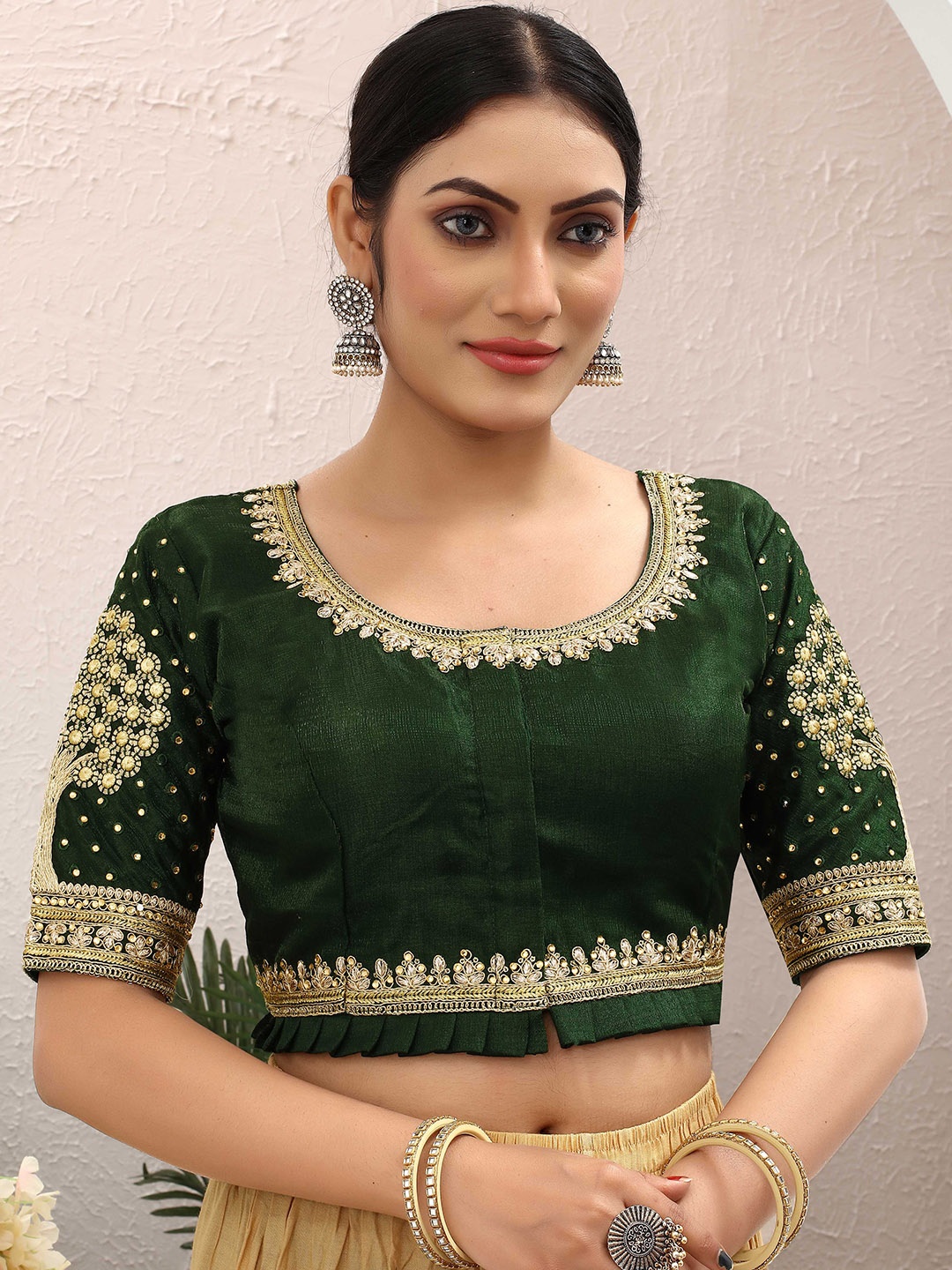 

SHREE SWANGIYAMATA COMPANY Ethnic Motifs Embellished Silk Saree Blouse, Green