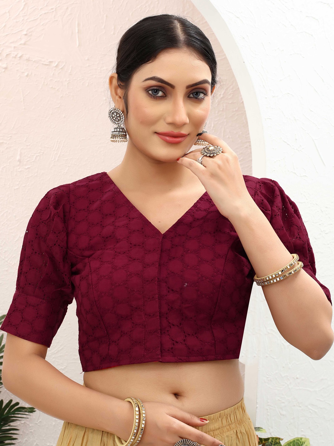 

SHREE SWANGIYAMATA COMPANY Self Design Cotton Schiffli Saree Blouse, Maroon