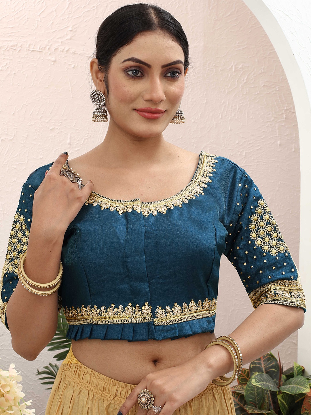 

SHREE SWANGIYAMATA COMPANY Embellished Silk Saree Blouse, Teal