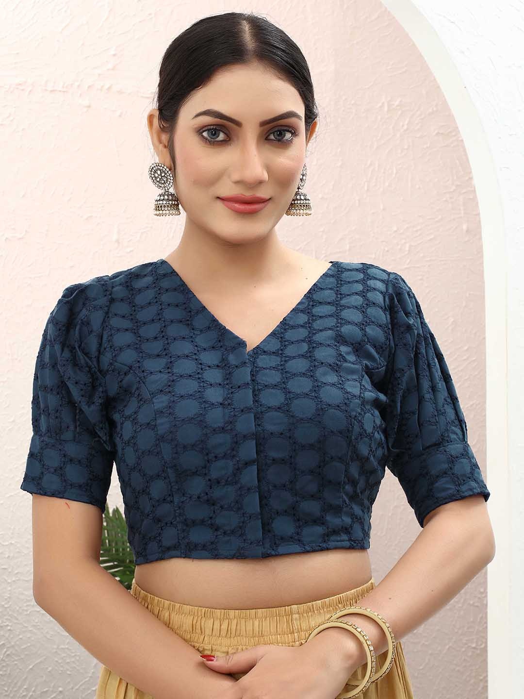 

SHREE SWANGIYAMATA COMPANY Embroidered Cotton Saree Blouse, Navy blue