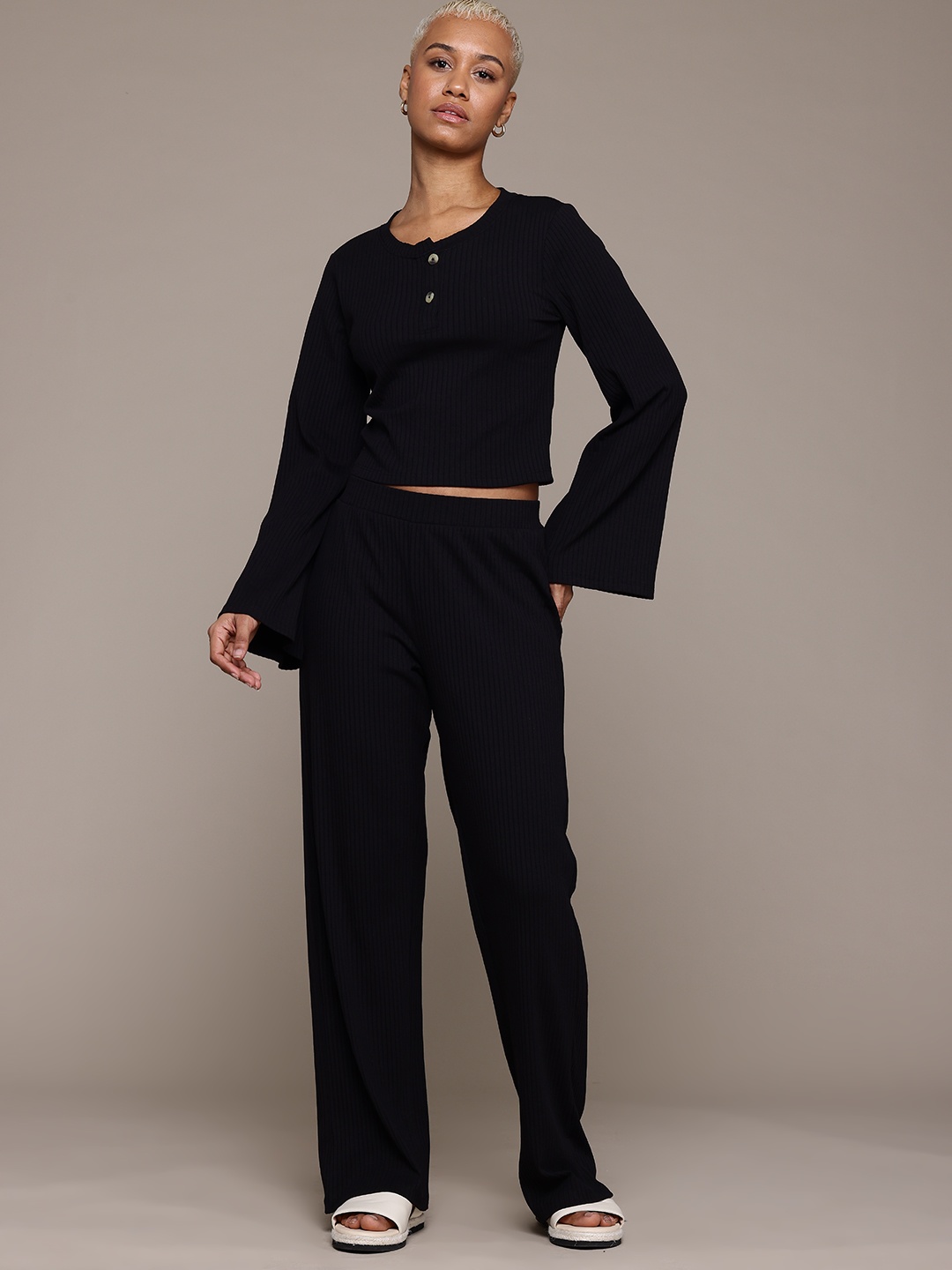 

The Roadster Lifestyle Co. Ribbed Top with Trousers Co-Ord Set, Black