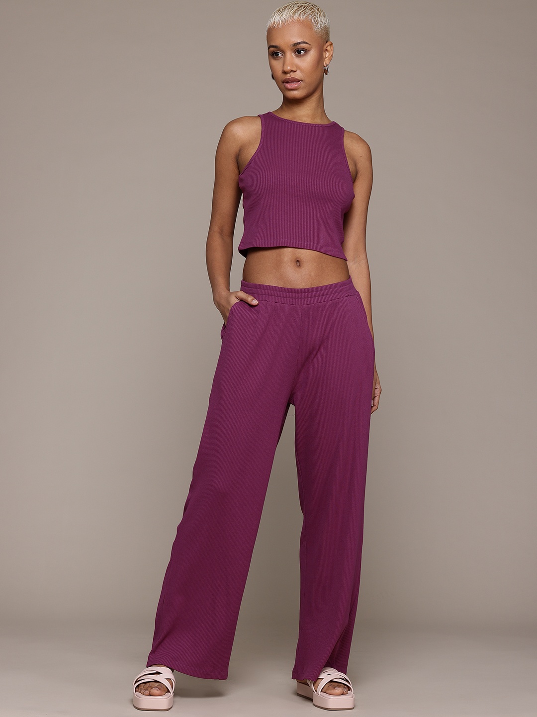 

The Roadster Lifestyle Co. Ribbed Flare Leg Co-ords, Magenta