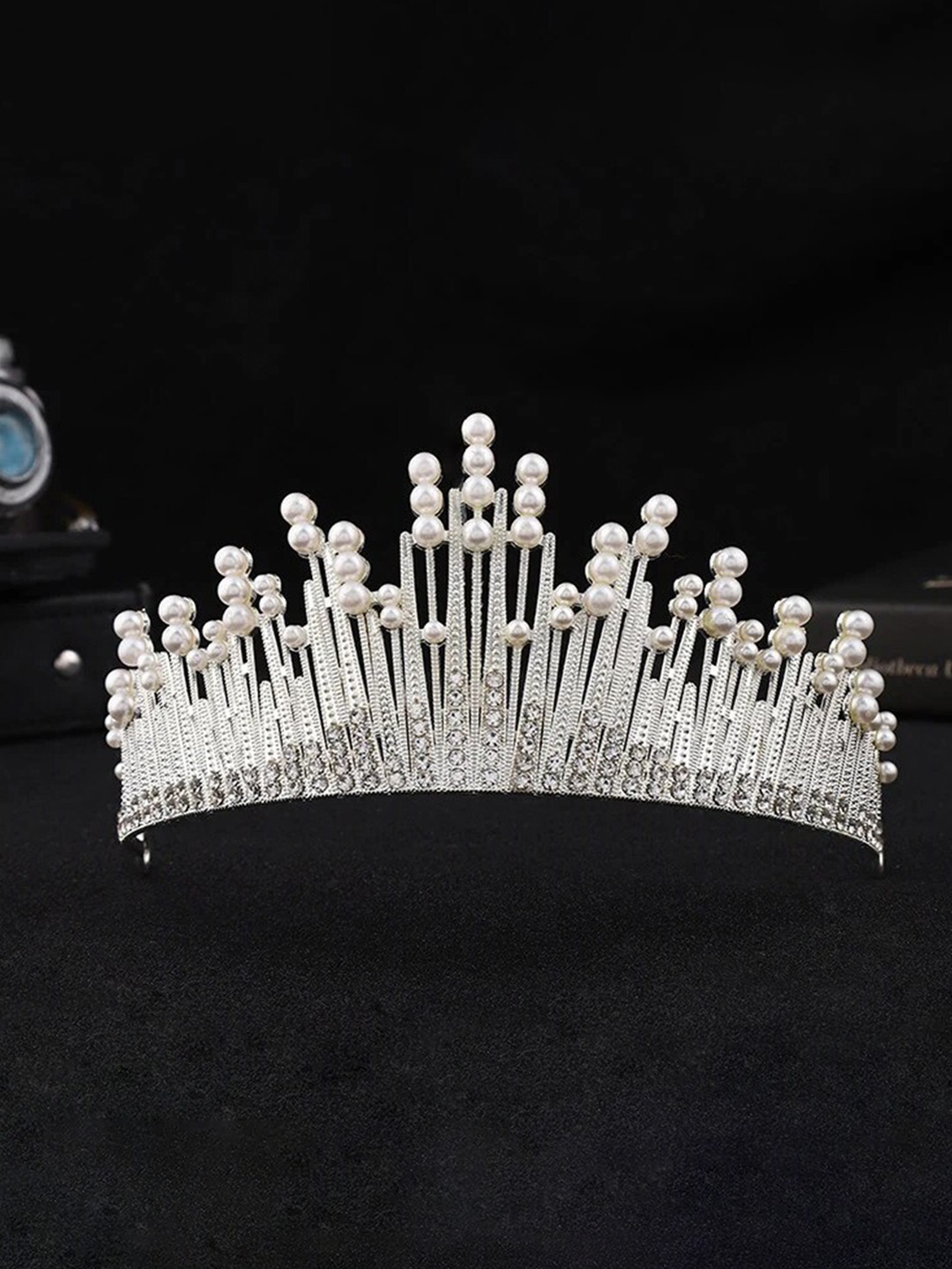 

SYGA Embellished Crystal Studded & Beads Beaded Crown Tiara, Silver