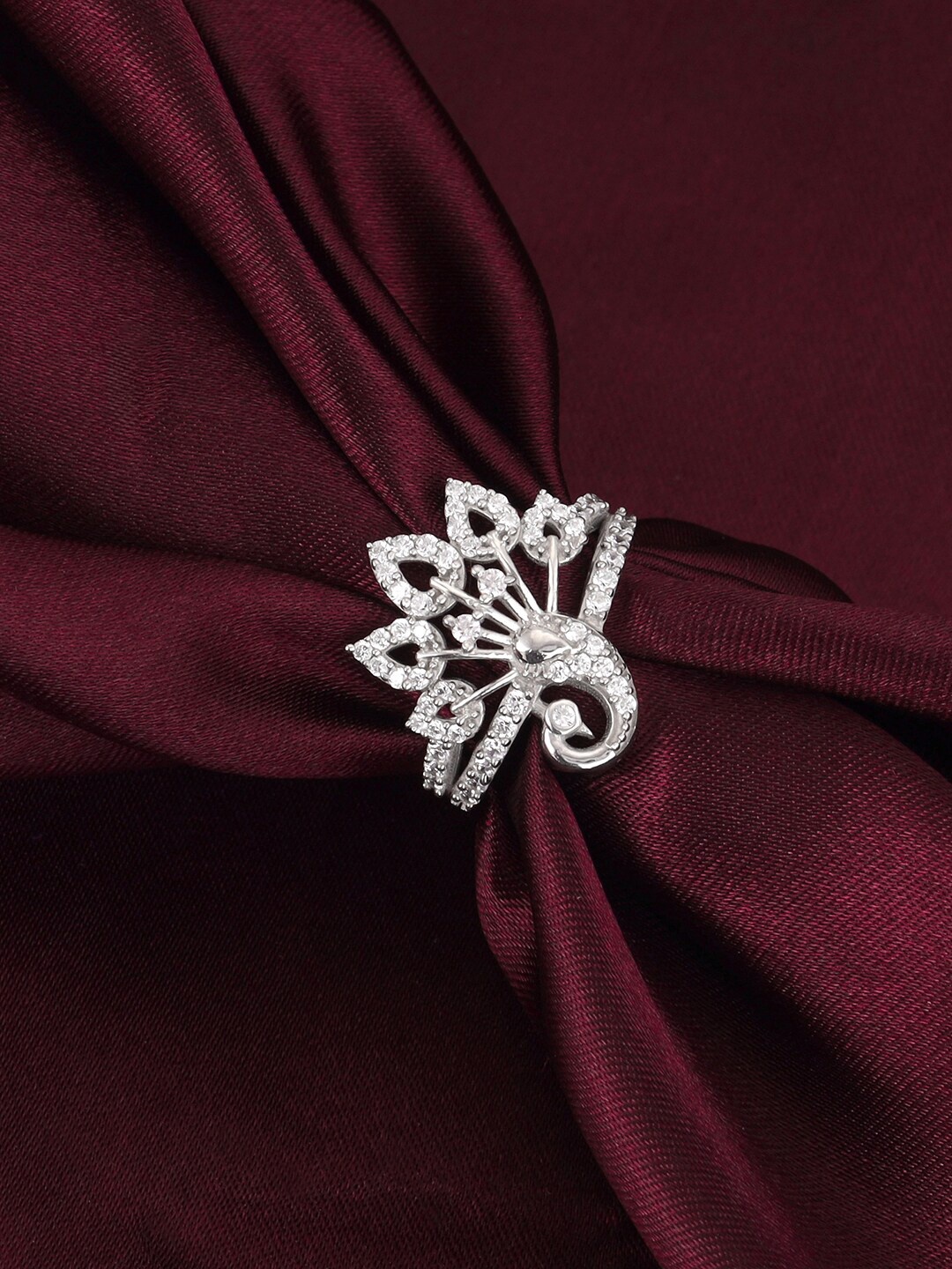 

GIVA 92.5 Sterling Silver Rhodium-Plated Artificial-Stones Studded Peacock Finger Ring