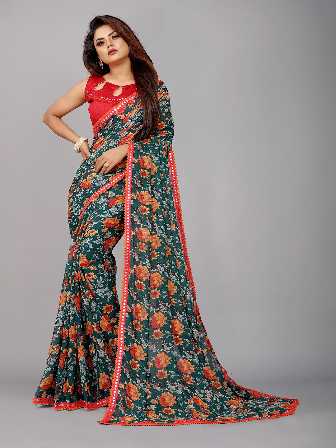 

Reeta Fashion Floral Printed Mirror Work Pure Georgette Saree, Teal