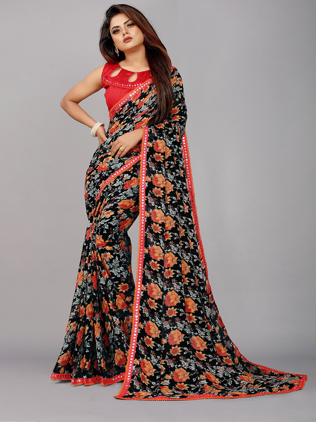 

Reeta Fashion Floral Printed Pure Georgette Saree, Black