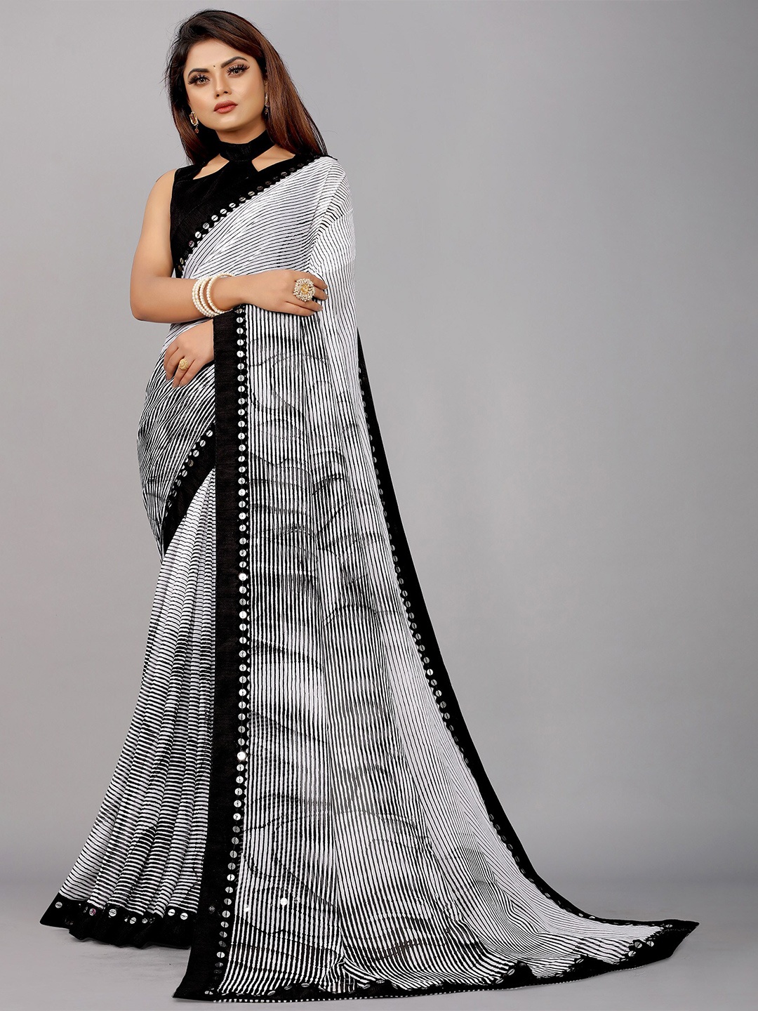 

Reeta Fashion Striped Sequinned Pure Georgette Lace Saree, White