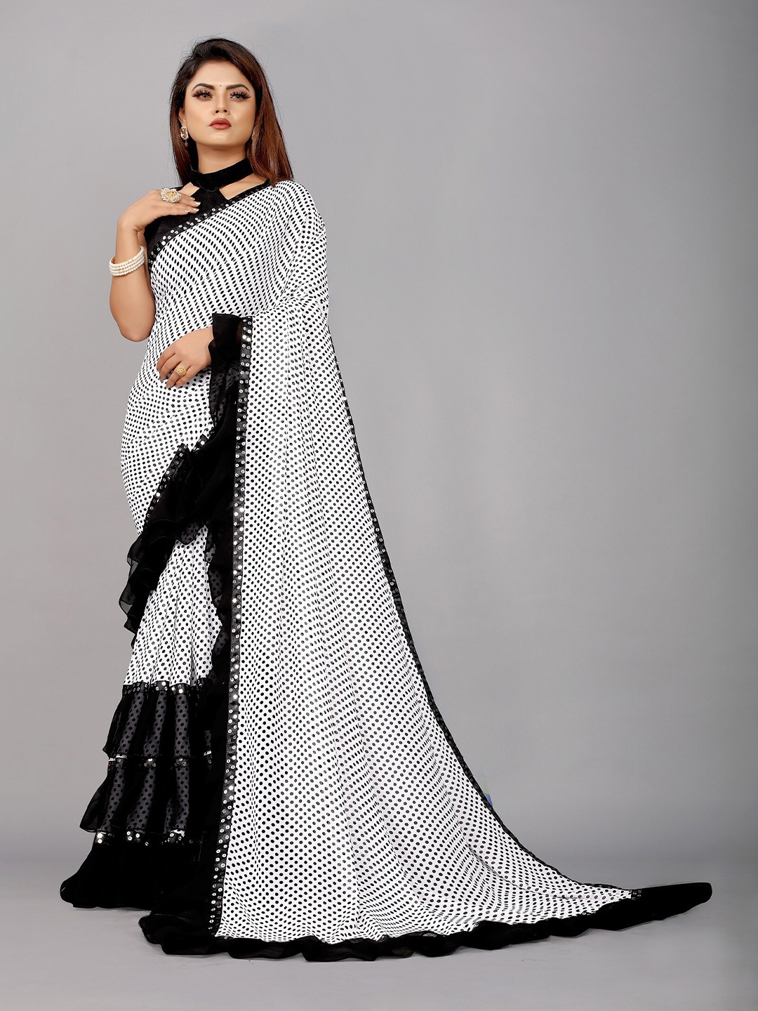 

Reeta Fashion Polka Dots Printed Sequinned Ruffles Pure Georgette Saree, White
