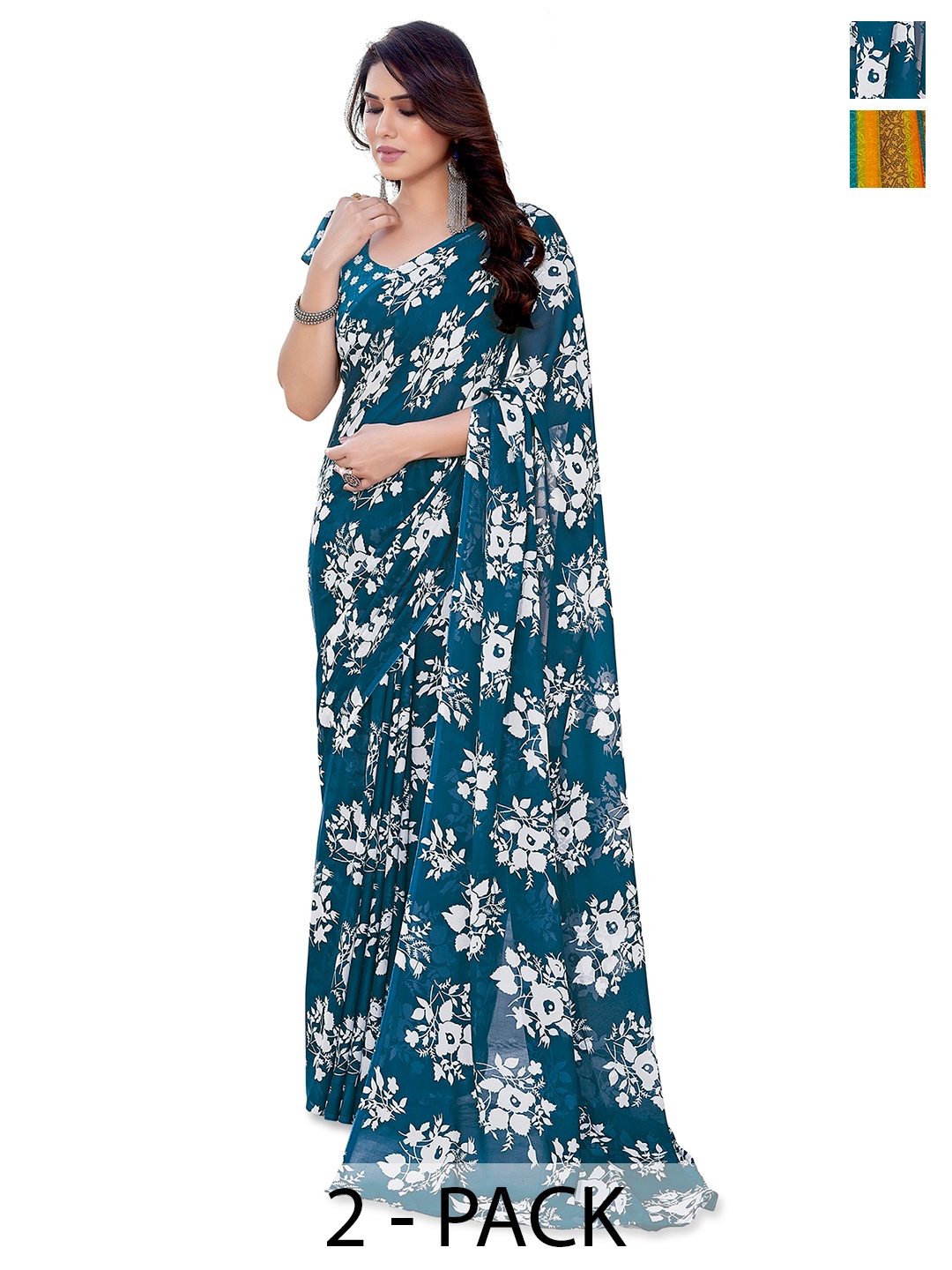 

ANAND SAREES Pack Of 2 Floral Saree, Blue
