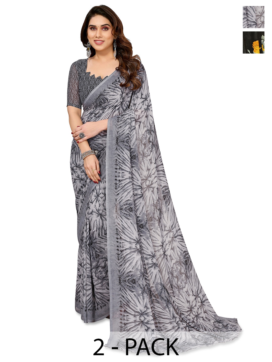 

ANAND SAREES Pack Of 2 Floral Saree, Grey