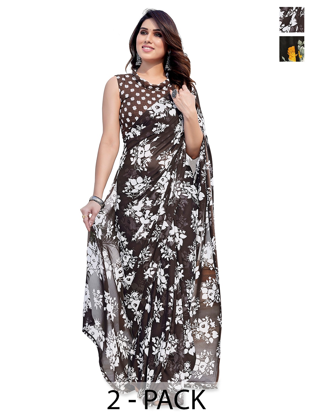 

ANAND SAREES Pack Of 2 Floral Saree, Black