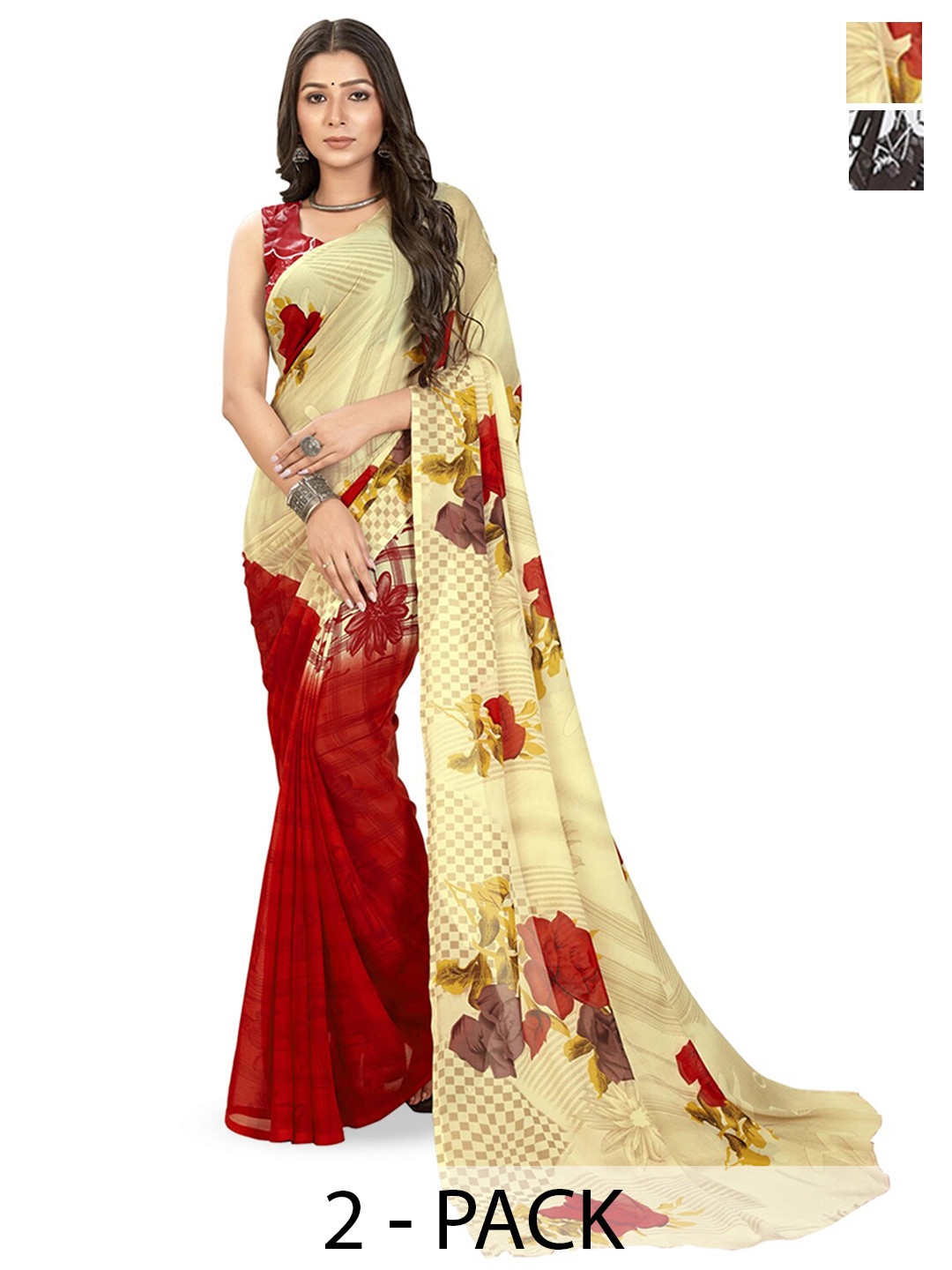 

ANAND SAREES Selection of 2 Floral Printed Sarees, Cream