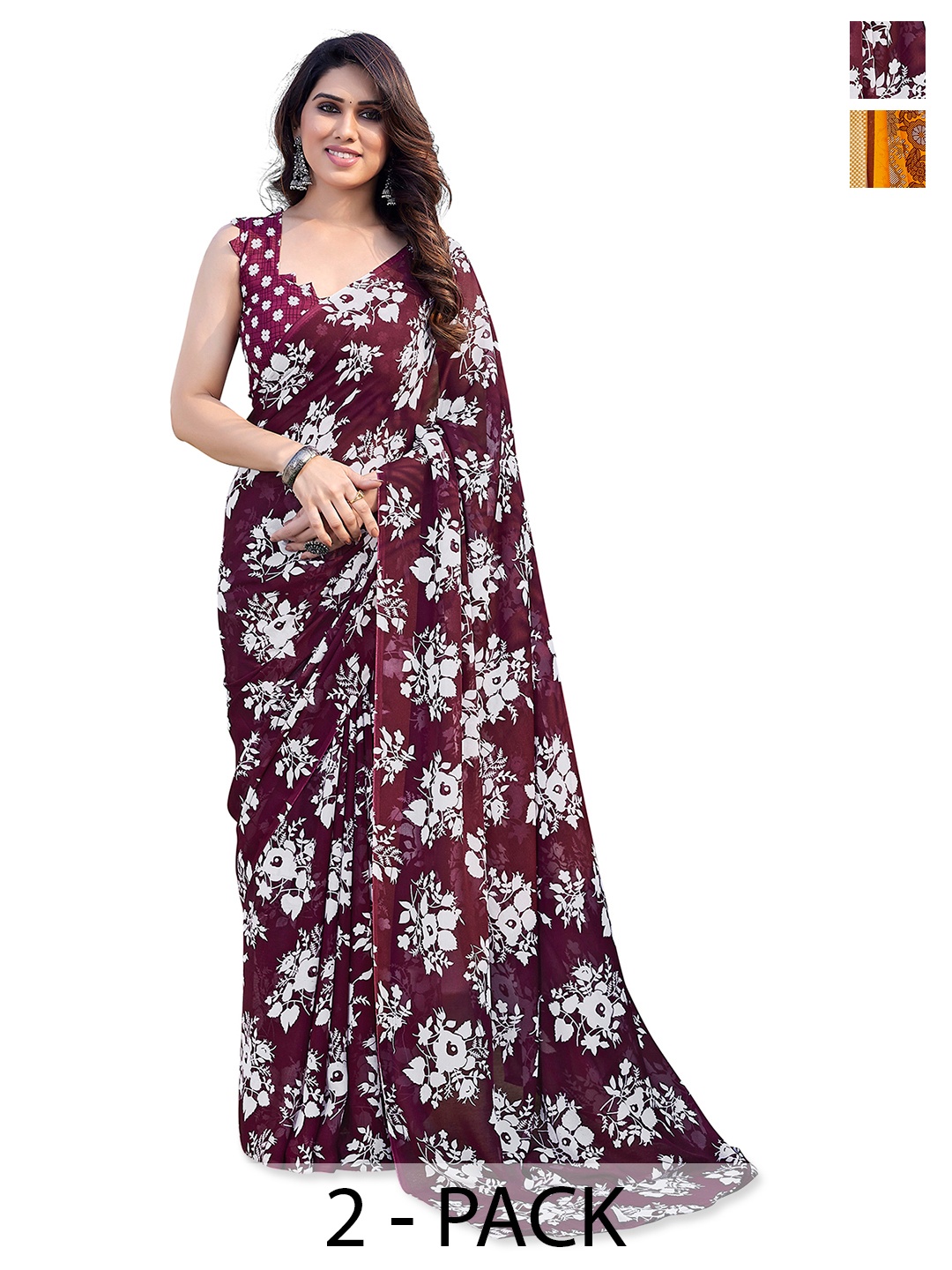 

ANAND SAREES Pack Of 2 Floral Half and Half Saree, Mustard