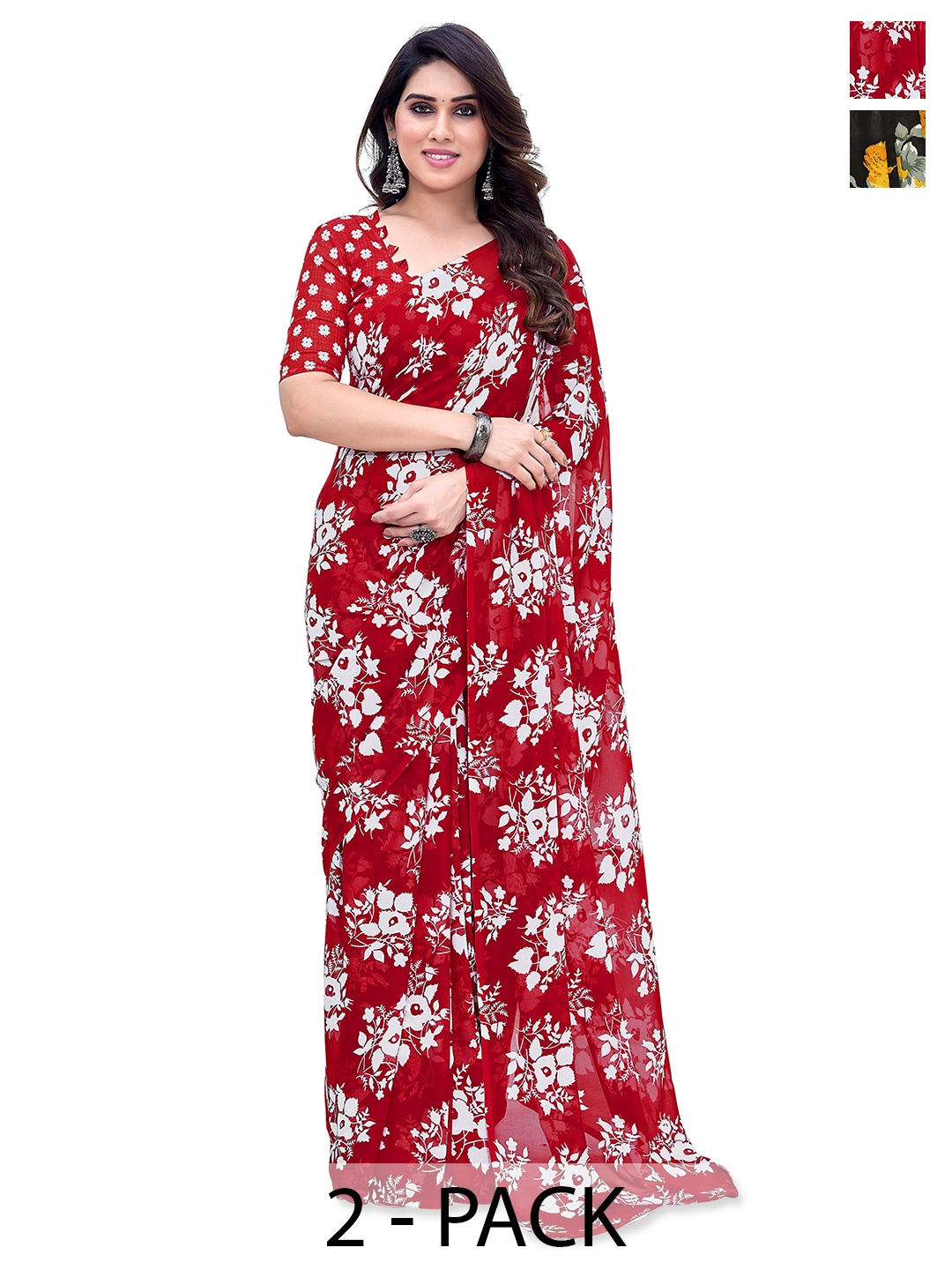 

ANAND SAREES Pack Of 2 Floral Saree, Red