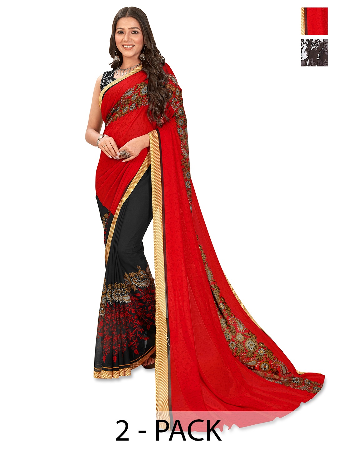 ANAND SAREES Pack Of 2 Floral Saree, Black
