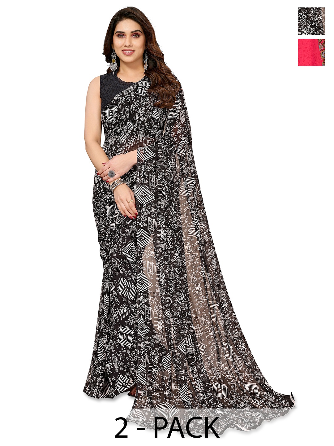 

ANAND SAREES Pack Of 2 Warli Printed Saree, Black
