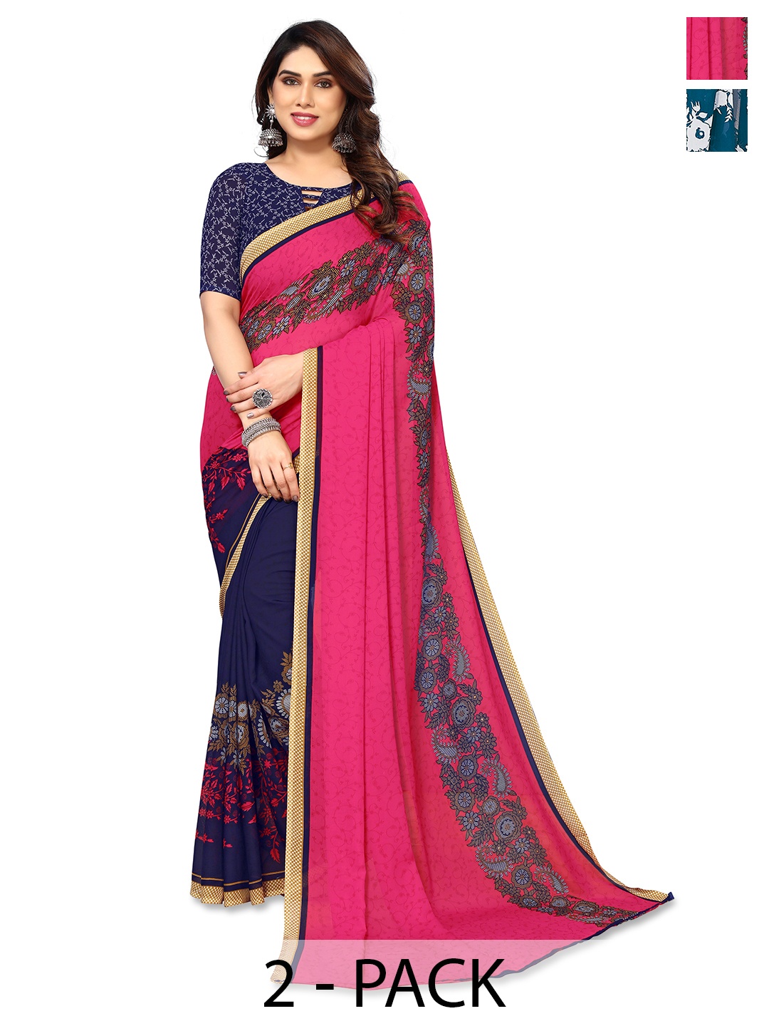 

ANAND SAREES Pack Of 2 Floral Saree, Blue