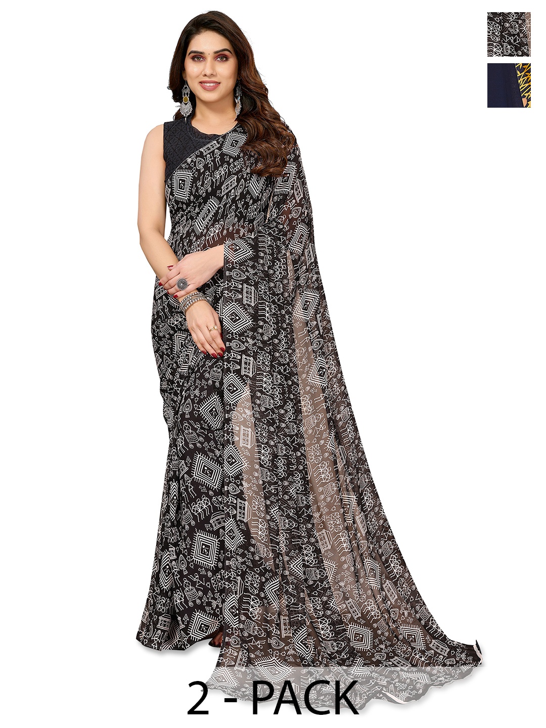 

ANAND SAREES Pack Of 2 Warli Printed Saree, Black