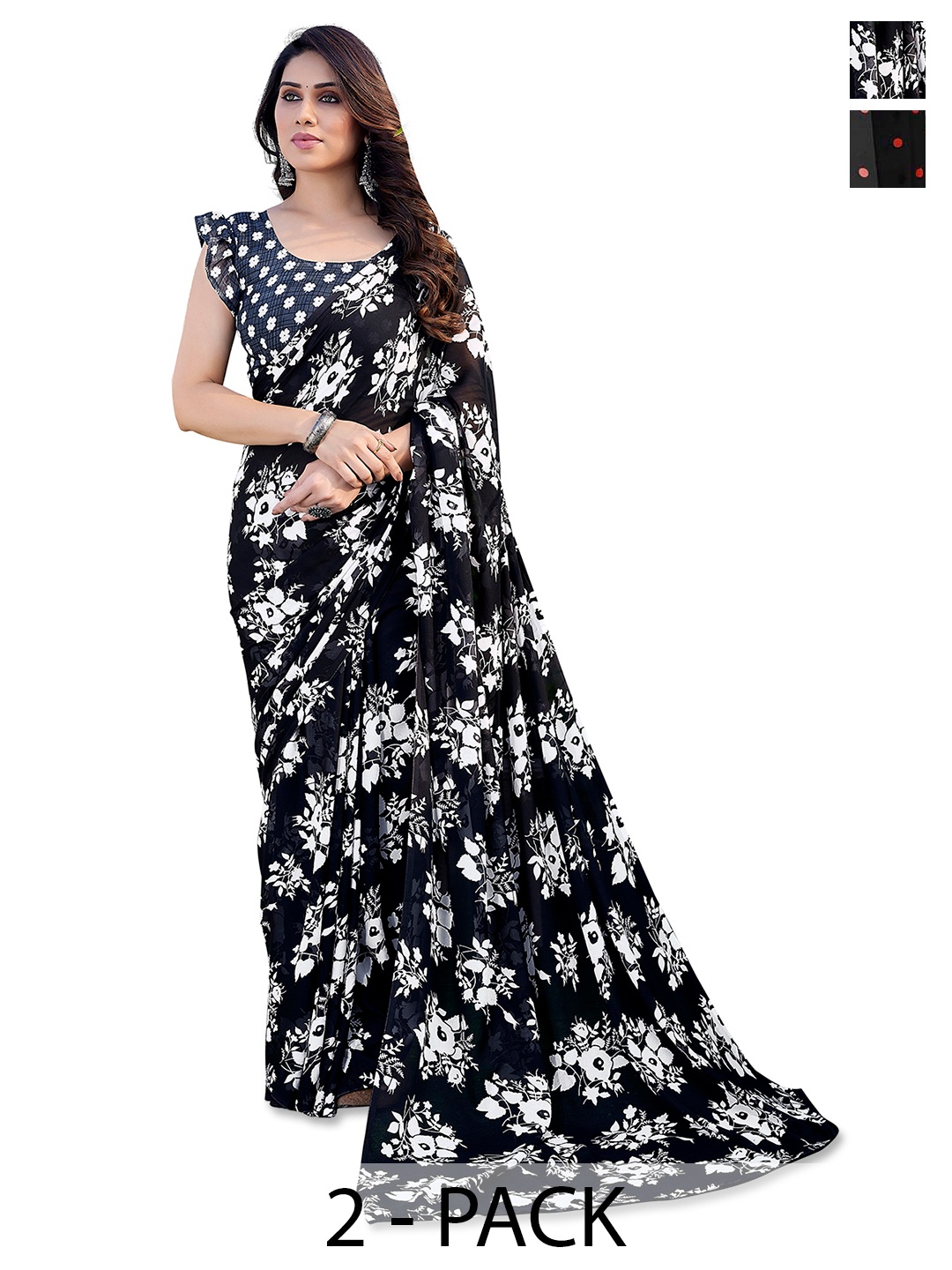 

ANAND SAREES Pack Of 2 Floral Saree, Black
