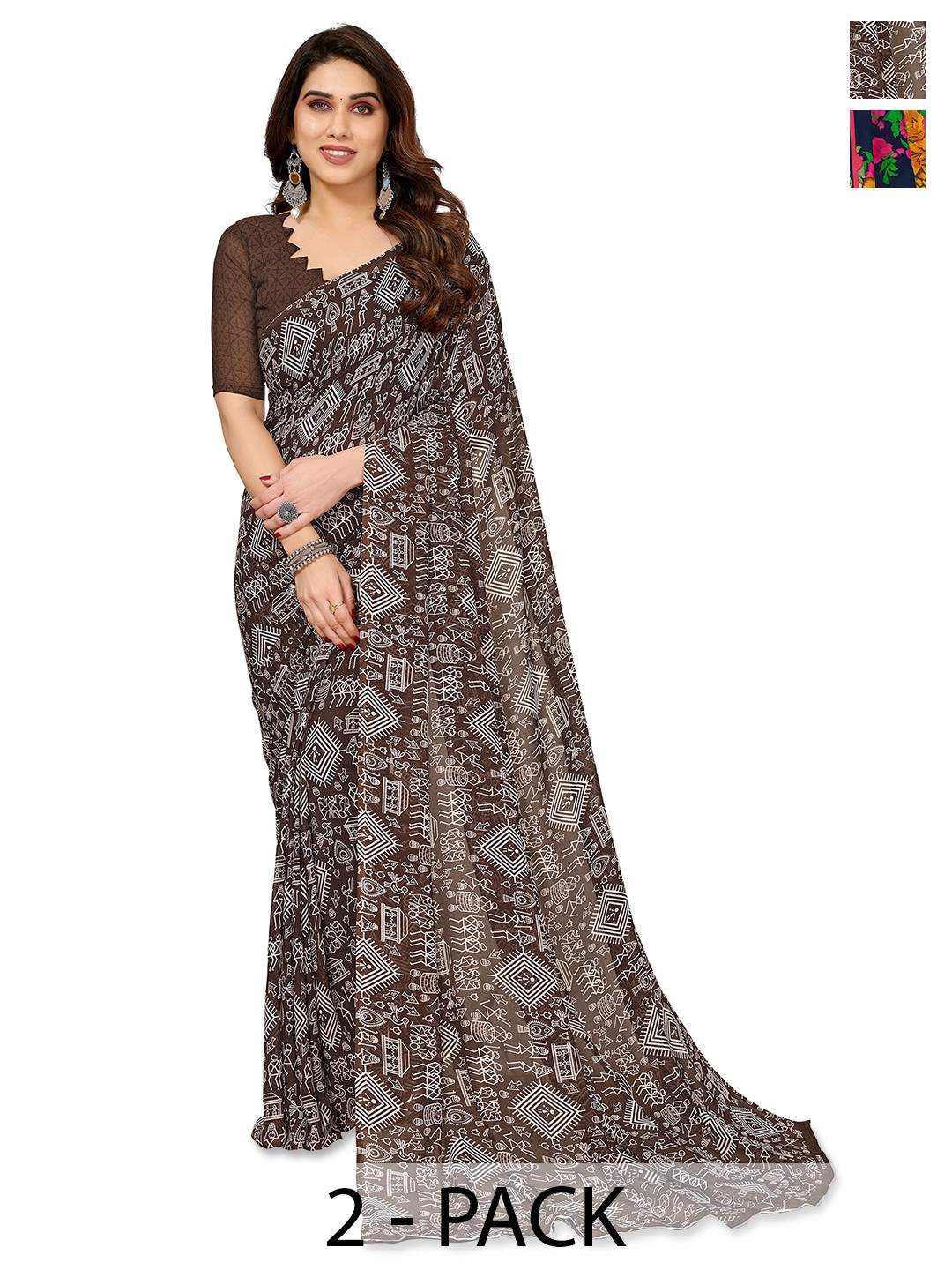 

ANAND SAREES Pack Of 2 Floral Saree, Brown