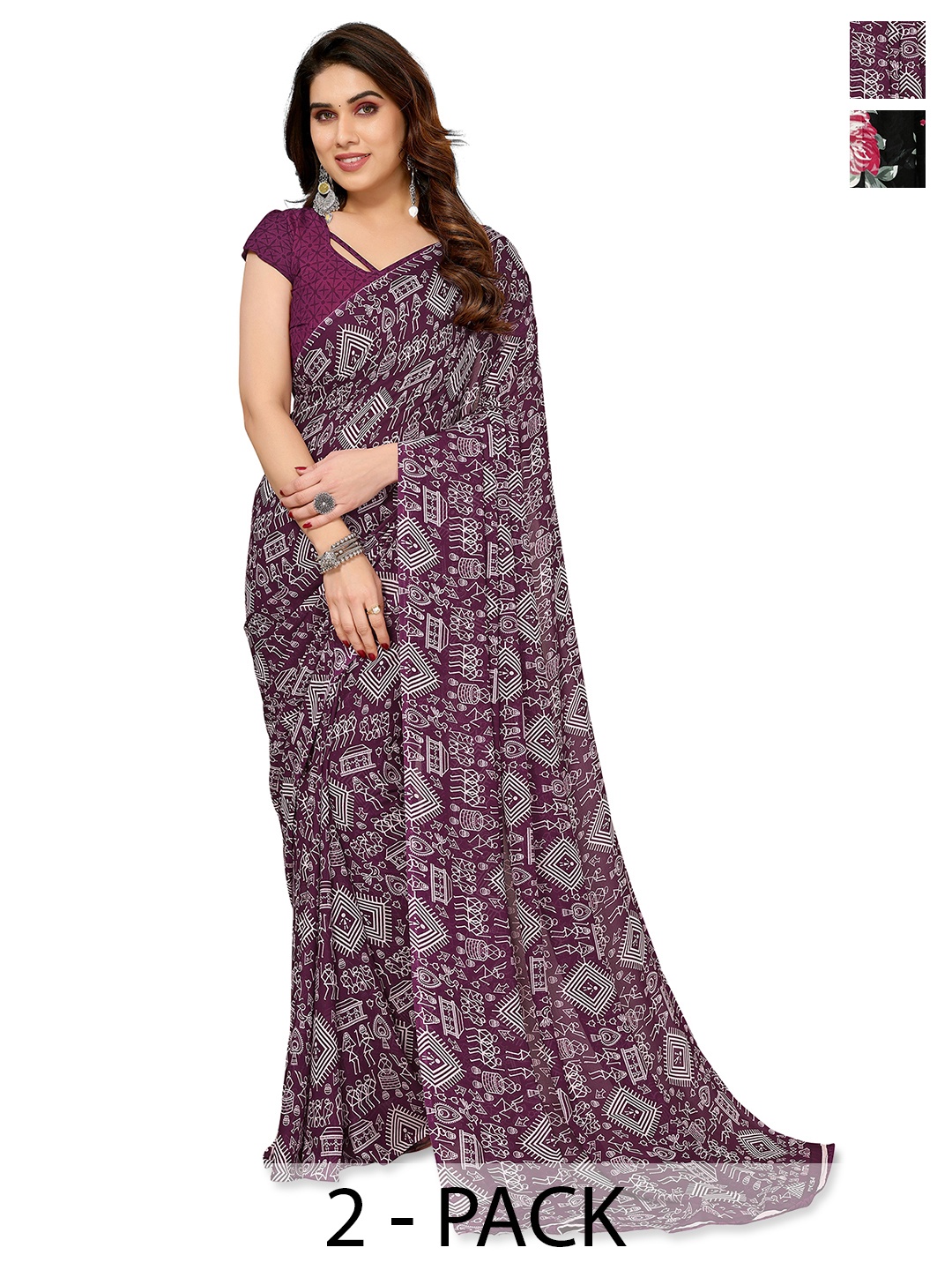 

ANAND SAREES Pack Of 2 Warli Printed Saree, Purple