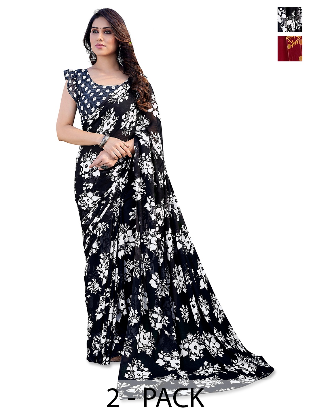 

ANAND SAREES Pack Of 2 Floral Saree, Black