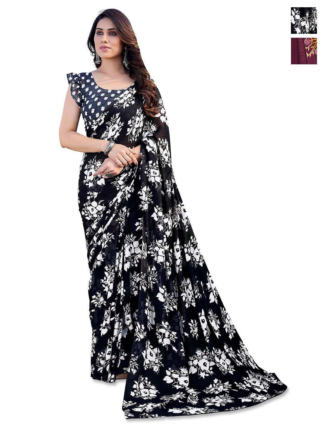 

ANAND SAREES pack Of 2 Floral Saree, Black