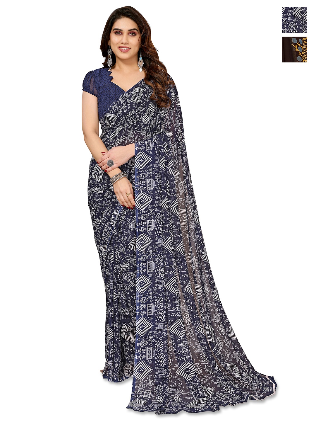 

ANAND SAREES Pack Of 2 Warli Printed Saree, Navy blue
