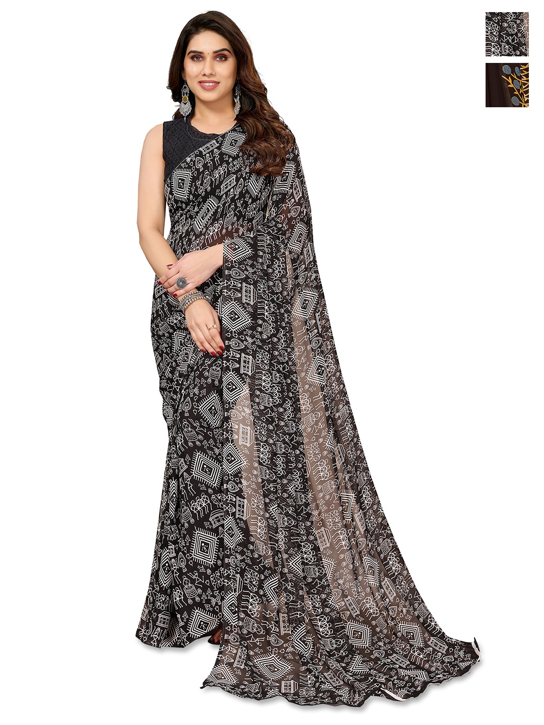 

ANAND SAREES Pack Of 2 Warli Printed Saree, Black