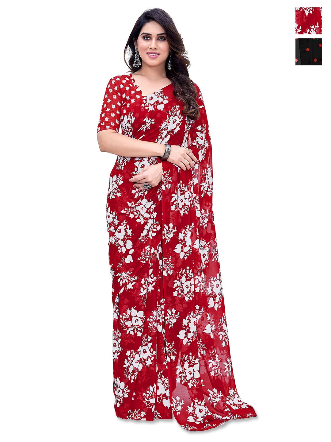 ANAND SAREES Selection of 2 Floral Printed Saree, Red