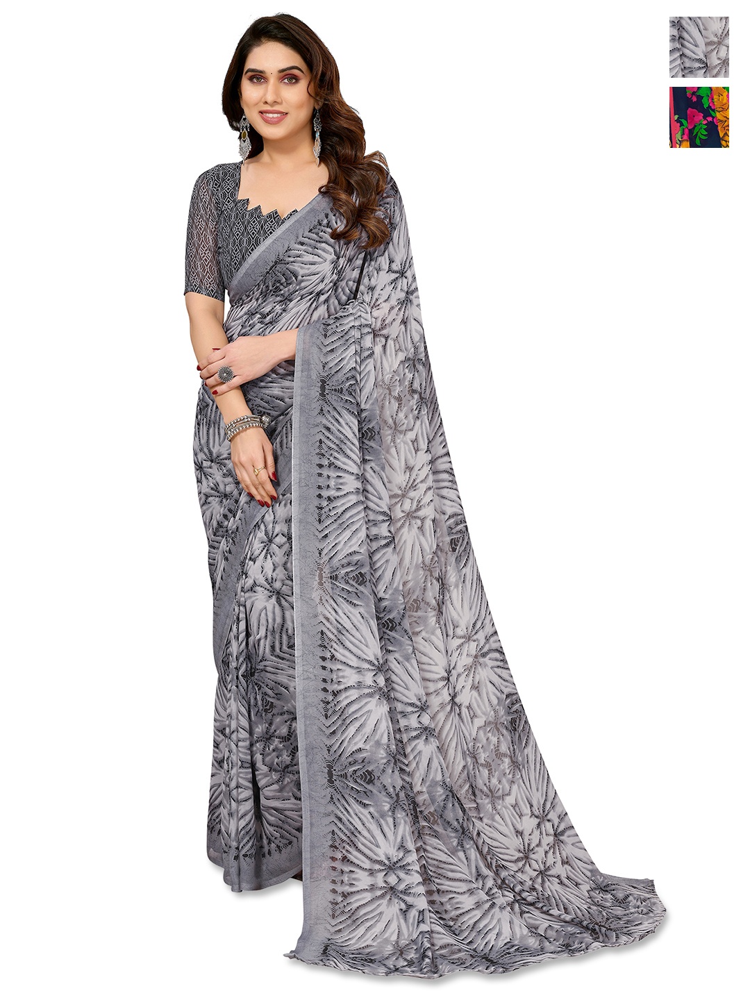 

ANAND SAREES Selection of 2 Floral Printed Saree, Grey