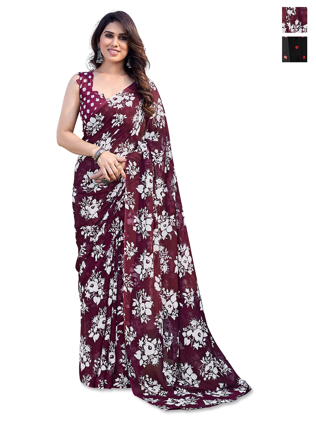 

ANAND SAREESSelection of 2 Floral Printed Saree, Maroon