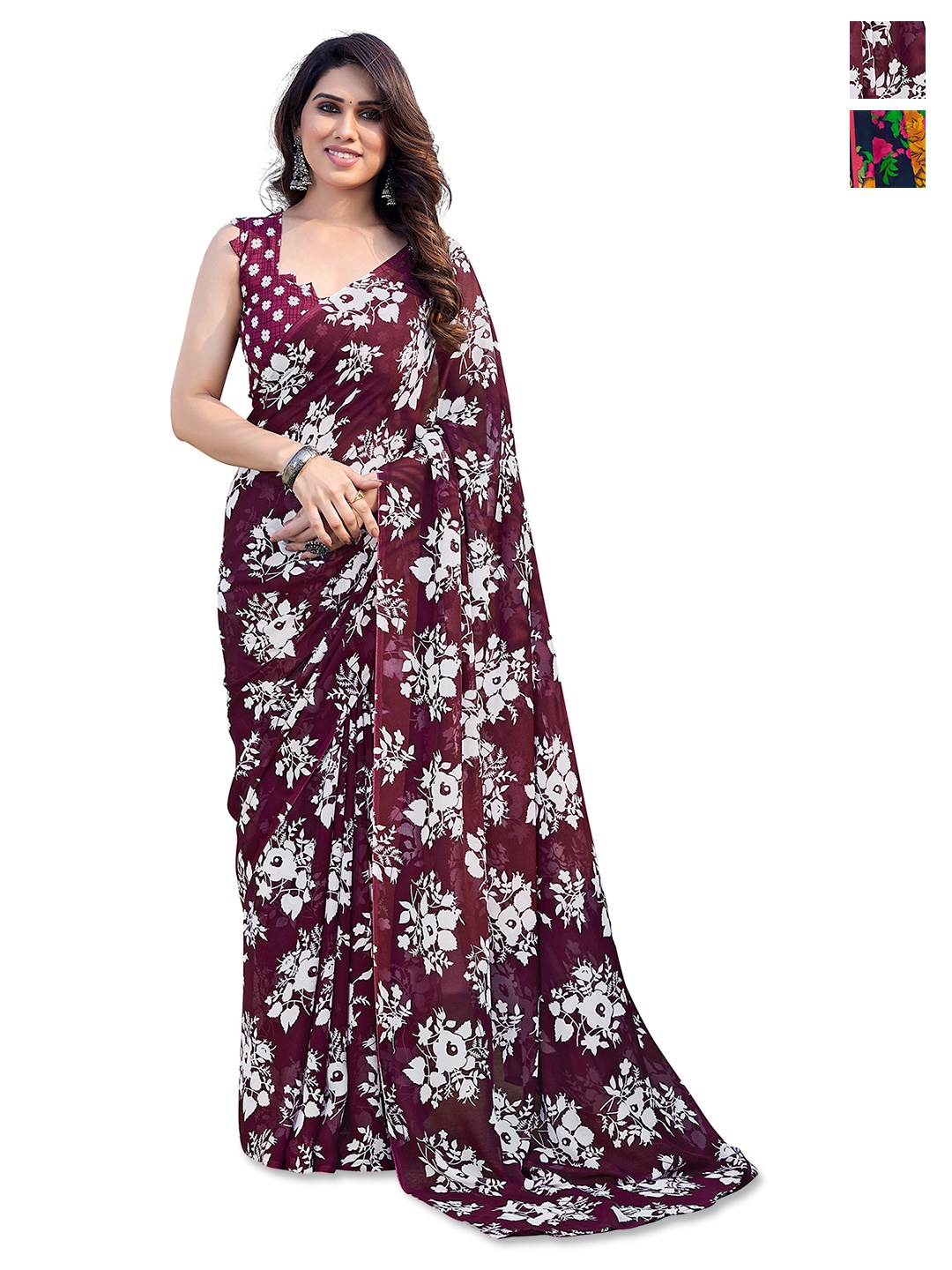 

ANAND SAREES Selection of 2 Floral Printed Saree, Maroon
