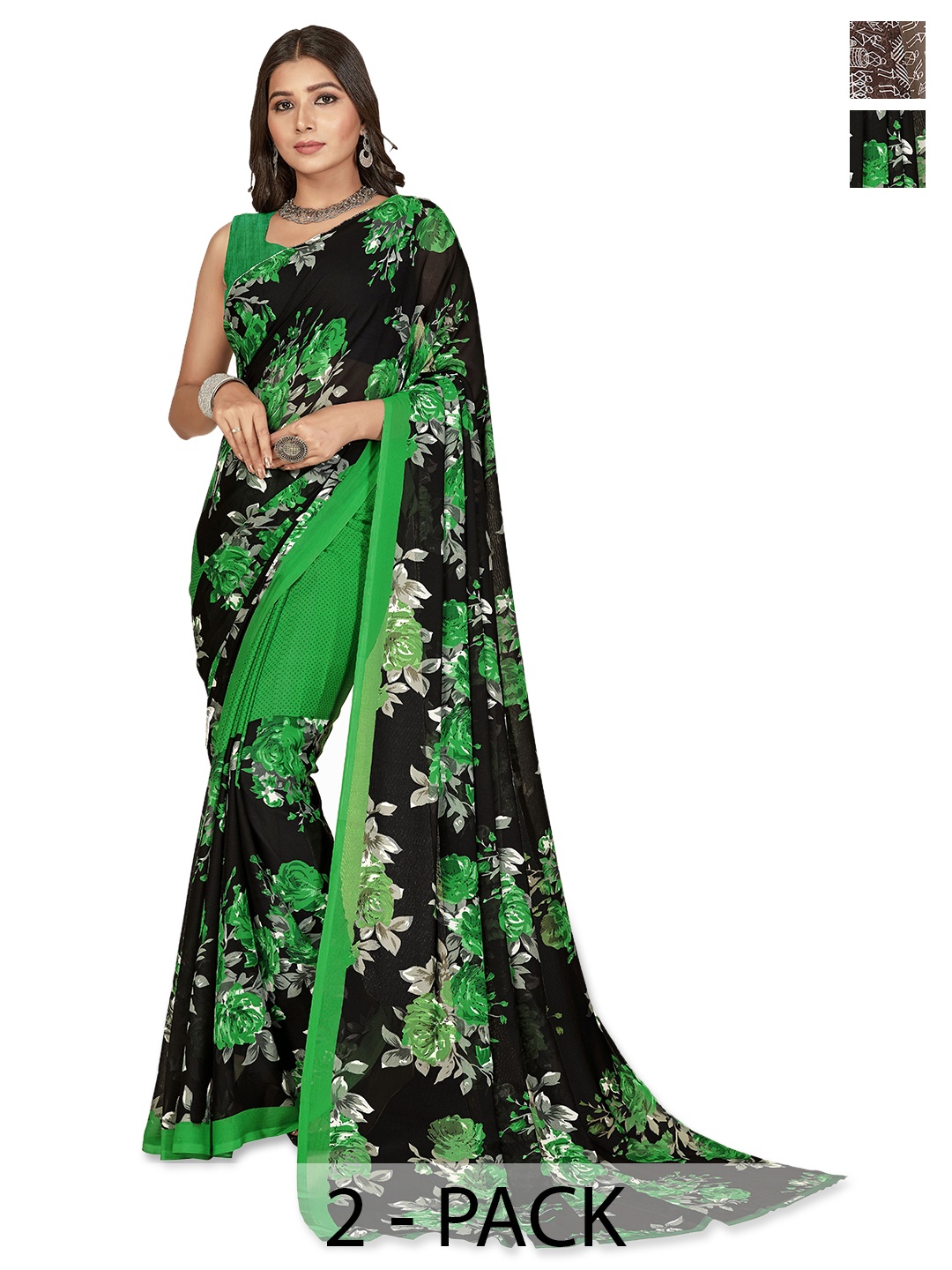 

ANAND SAREES Selection of 2 Floral Printed Saree, Green