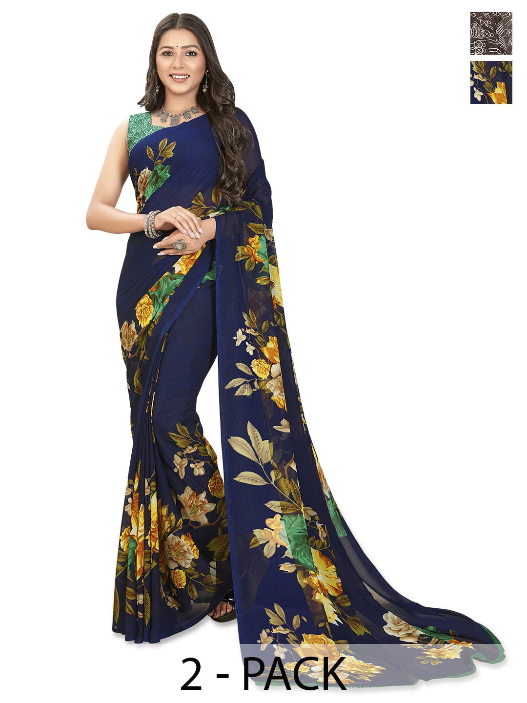 

ANAND SAREES Selection of 2 Floral Printed Saree, Navy blue