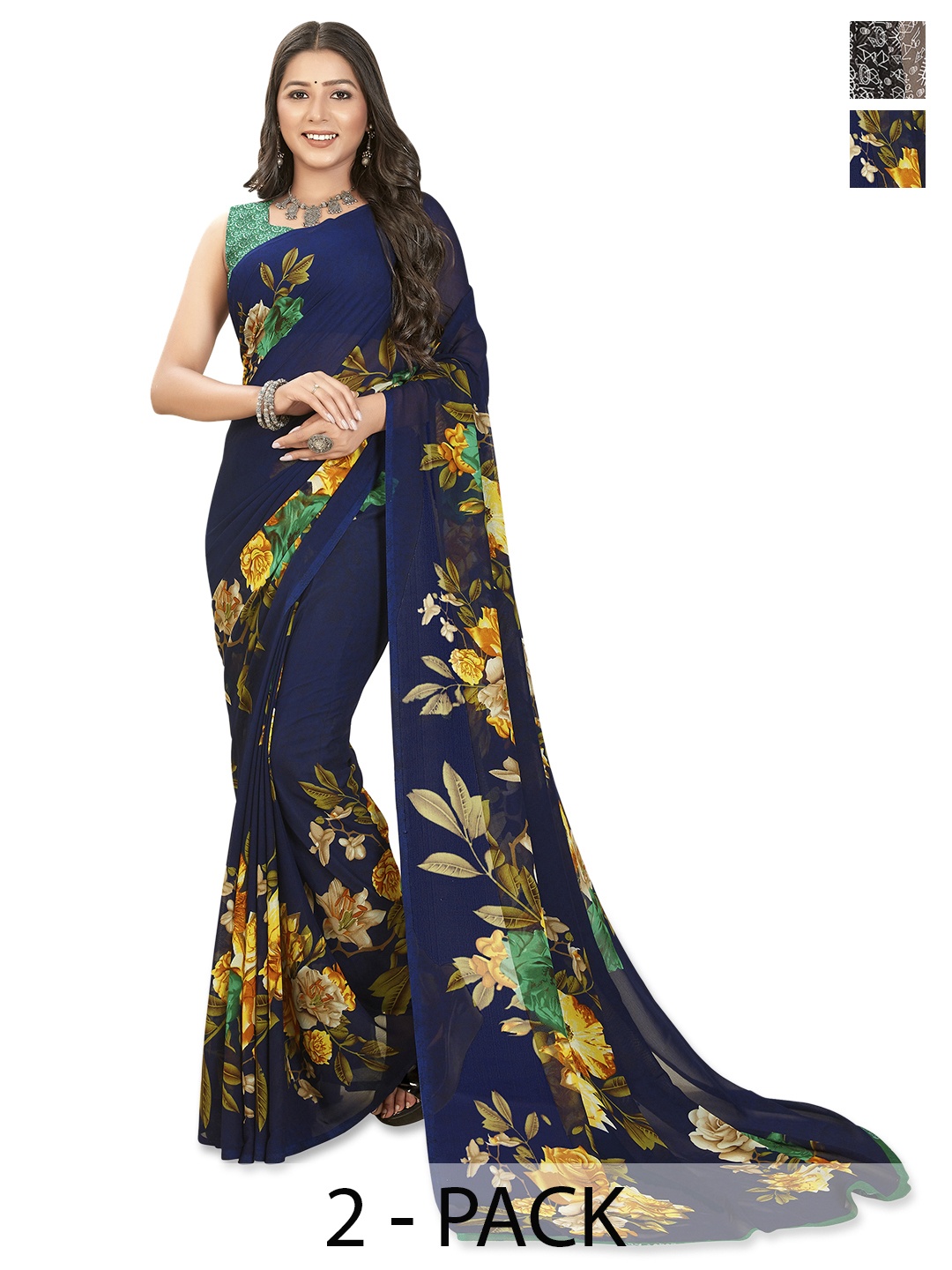 

ANAND SAREES Selection of 2 Floral Printed Saree, Navy blue